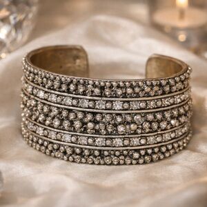 Vintage Silver Tone Marcasite Style Rhinestone Wide Cuff Statement Bracelet 🩶